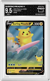 Surfing Pikachu V from the 2021 Pokemon SWSH set graded by Arena Club and given an overall grade of 9.5.