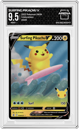 Surfing Pikachu V from the 2021 Pokemon SWSH set graded by Arena Club and given an overall grade of 9.5.