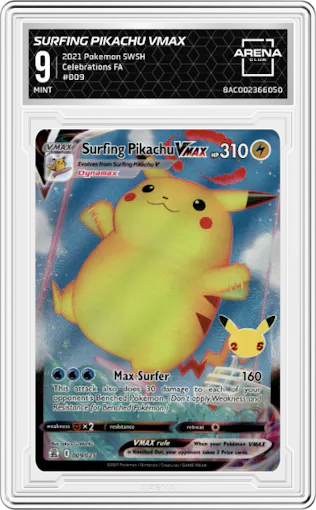 Surfing Pikachu VMAX from the 2021 Pokemon SWSH set graded by Arena Club and given an overall grade of 9.
