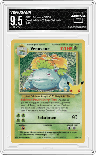 Venusaur from the 2021 Pokemon SWSH set featuring a Base Set parallel graded by Arena Club and given an overall grade of 9.5.