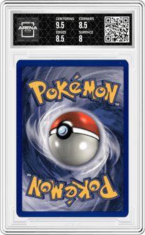 Venomoth from the 1999 Pokemon set graded by Arena Club and given an overall grade of 8.5.