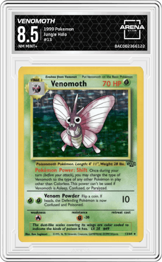 Venomoth from the 1999 Pokemon set graded by Arena Club and given an overall grade of 8.5.