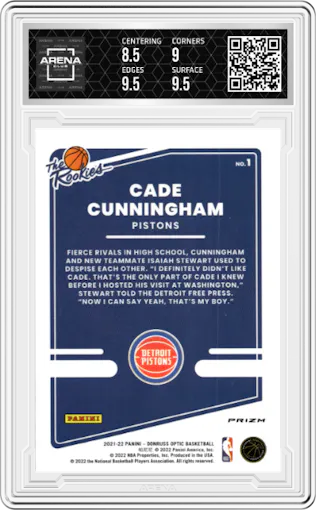 Cade Cunningham from the 2021-22 Panini Donruss Optic set featuring a Red Pulsar parallel graded by Arena Club and given an overall grade of 9.