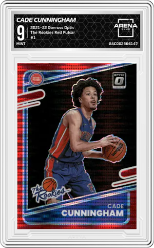 Cade Cunningham from the 2021-22 Panini Donruss Optic set featuring a Red Pulsar parallel graded by Arena Club and given an overall grade of 9.