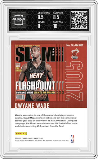 Dwyane Wade from the 2021-22 Panini NBA Hoops set featuring a Winter parallel graded by Arena Club and given an overall grade of 9.