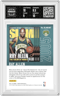 Ray Allen from the 2021-22 Panini NBA Hoops set featuring a Winter parallel graded by Arena Club and given an overall grade of 9.