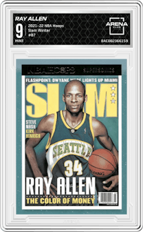 Ray Allen from the 2021-22 Panini NBA Hoops set featuring a Winter parallel graded by Arena Club and given an overall grade of 9.