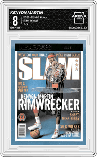 Kenyon Martin from the 2021-22 Panini NBA Hoops set featuring a Winter parallel graded by Arena Club and given an overall grade of 8.