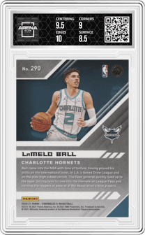 LaMelo Ball from the 2020-21 Panini Chronicles set featuring a Red parallel graded by Arena Club and given an overall grade of 9.