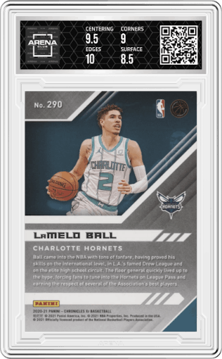 LaMelo Ball from the 2020-21 Panini Chronicles set featuring a Red parallel graded by Arena Club and given an overall grade of 9.