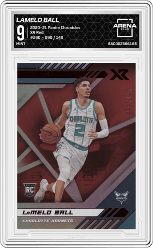 LaMelo Ball from the 2020-21 Panini Chronicles set featuring a Red parallel graded by Arena Club and given an overall grade of 9.