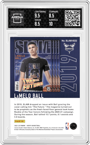 LaMelo Ball from the 2021-22 Panini NBA Hoops set graded by Arena Club and given an overall grade of 9.