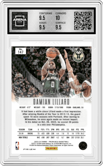 Damian Lillard from the 2023-24 Panini Prizm Deca set featuring a Blue Prizm parallel graded by Arena Club and given an overall grade of 10.