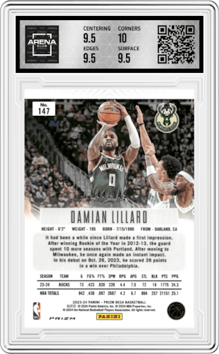 Damian Lillard from the 2023-24 Panini Prizm Deca set featuring a Blue Prizm parallel graded by Arena Club and given an overall grade of 10.