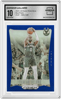 Damian Lillard from the 2023-24 Panini Prizm Deca set featuring a Blue Prizm parallel graded by Arena Club and given an overall grade of 10.