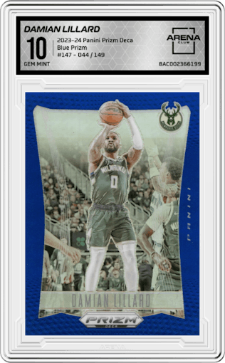 Damian Lillard from the 2023-24 Panini Prizm Deca set featuring a Blue Prizm parallel graded by Arena Club and given an overall grade of 10.