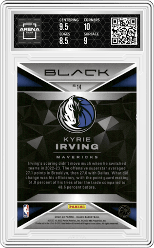 Kyrie Irving  from the 2022-23 Panini Black set featuring a Silver parallel graded by Arena Club and given an overall grade of 9.