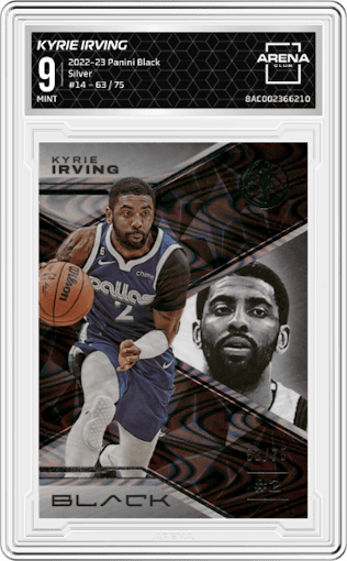 Kyrie Irving  from the 2022-23 Panini Black set featuring a Silver parallel graded by Arena Club and given an overall grade of 9.