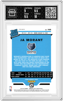 Ja Morant from the 2019-20 Panini Donruss Optic set featuring a Fanatics Factory Set parallel graded by Arena Club and given an overall grade of 9.5.