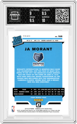 Ja Morant from the 2019-20 Panini Donruss Optic set featuring a Fanatics Factory Set parallel graded by Arena Club and given an overall grade of 9.5.