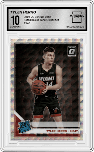 Tyler Herro from the 2019-20 Panini Donruss Optic set featuring a Fanatics Box Set parallel graded by Arena Club and given an overall grade of 10.