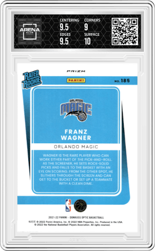 Franz Wagner  from the 2021-22 Panini Donruss Optic set featuring a Target Box Set parallel graded by Arena Club and given an overall grade of 9.5.