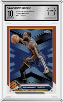 Draymond Green from the 2023-24 Topps Chrome set featuring a Orange Refractor parallel graded by Arena Club and given an overall grade of 10.