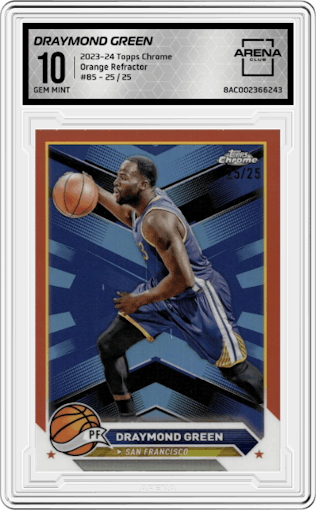 Draymond Green from the 2023-24 Topps Chrome set featuring a Orange Refractor parallel graded by Arena Club and given an overall grade of 10.
