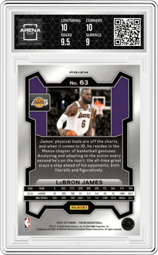 LeBron James from the 2023-24 Panini Prizm set featuring a Red Ice parallel graded by Arena Club and given an overall grade of 9.5.