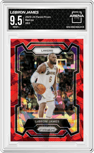 LeBron James from the 2023-24 Panini Prizm set featuring a Red Ice parallel graded by Arena Club and given an overall grade of 9.5.
