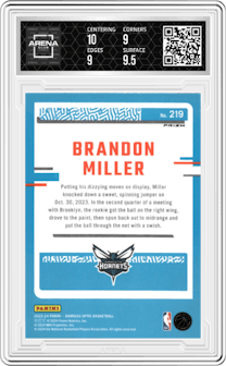 Brandon Miller from the 2023-24 Donruss Optic set featuring a Hyper Pink parallel graded by Arena Club and given an overall grade of 9.5.