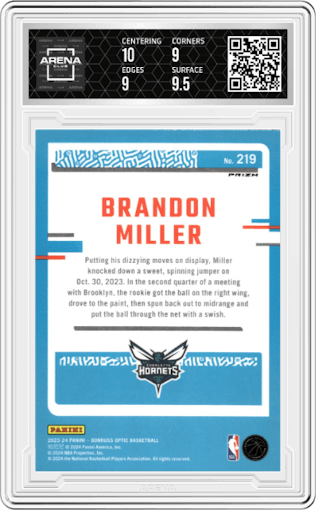 Brandon Miller from the 2023-24 Donruss Optic set featuring a Hyper Pink parallel graded by Arena Club and given an overall grade of 9.5.