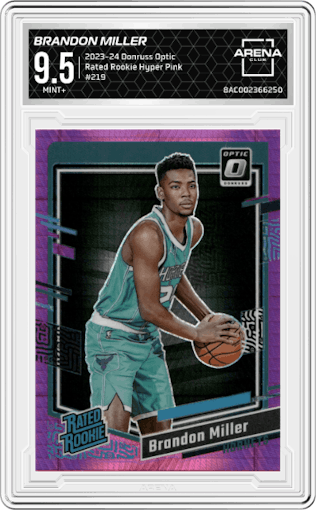 Brandon Miller from the 2023-24 Donruss Optic set featuring a Hyper Pink parallel graded by Arena Club and given an overall grade of 9.5.