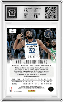 Karl-Anthony Towns from the 2023-24 Panini Prizm Deca set featuring a Purple Prizm parallel graded by Arena Club and given an overall grade of 10.