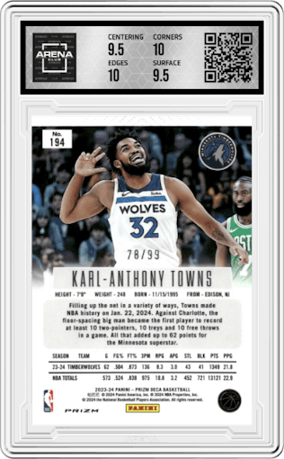 Karl-Anthony Towns from the 2023-24 Panini Prizm Deca set featuring a Purple Prizm parallel graded by Arena Club and given an overall grade of 10.