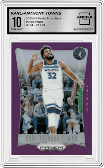 Karl-Anthony Towns from the 2023-24 Panini Prizm Deca set featuring a Purple Prizm parallel graded by Arena Club and given an overall grade of 10.