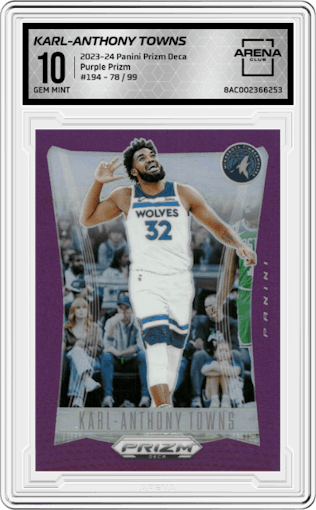 Karl-Anthony Towns from the 2023-24 Panini Prizm Deca set featuring a Purple Prizm parallel graded by Arena Club and given an overall grade of 10.