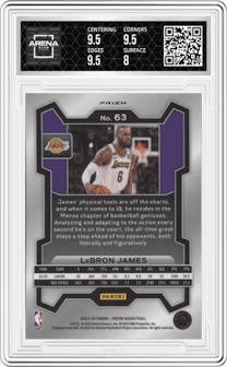 LeBron James from the 2023-24 Panini Prizm set featuring a Silver Prizm  parallel graded by Arena Club and given an overall grade of 8.5.
