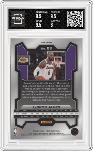 LeBron James from the 2023-24 Panini Prizm set featuring a Silver Prizm  parallel graded by Arena Club and given an overall grade of 8.5.