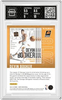 Devin Booker from the 2021-22 Panini NBA Hoops set featuring a Winter parallel graded by Arena Club and given an overall grade of 9.
