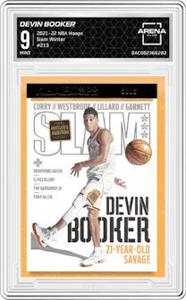 Devin Booker from the 2021-22 Panini NBA Hoops set featuring a Winter parallel graded by Arena Club and given an overall grade of 9.