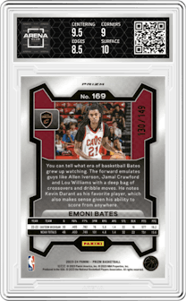 Emoni Bates from the 2023-24 Panini Prizm set featuring a Purple Ice  parallel graded by Arena Club and given an overall grade of 9.