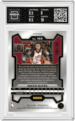Emoni Bates from the 2023-24 Panini Prizm set featuring a Purple Ice  parallel graded by Arena Club and given an overall grade of 9.