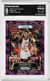 Emoni Bates from the 2023-24 Panini Prizm set featuring a Purple Ice  parallel graded by Arena Club and given an overall grade of 9.