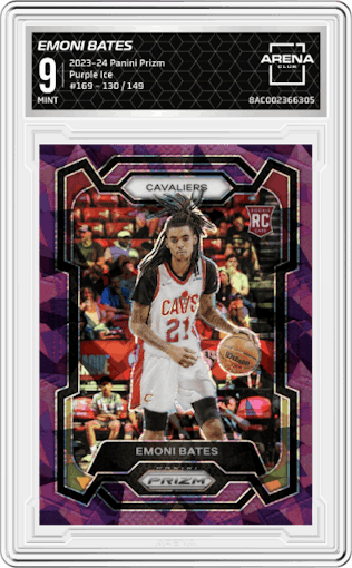 Emoni Bates from the 2023-24 Panini Prizm set featuring a Purple Ice  parallel graded by Arena Club and given an overall grade of 9.