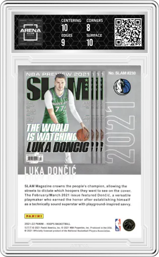 Luka Doncic from the 2021-22 Panini NBA Hoops set featuring a Winter parallel graded by Arena Club and given an overall grade of 8.5.
