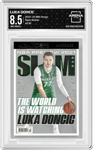 Luka Doncic from the 2021-22 Panini NBA Hoops set featuring a Winter parallel graded by Arena Club and given an overall grade of 8.5.
