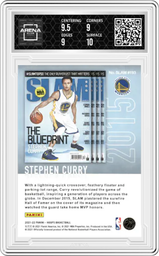 Stephen Curry from the 2021-22 Panini NBA Hoops set featuring a Winter parallel graded by Arena Club and given an overall grade of 9.5.