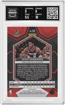 Scoot Henderson  from the 2023-24 Panini Mosaic set featuring a Silver parallel graded by Arena Club and given an overall grade of 9.5.