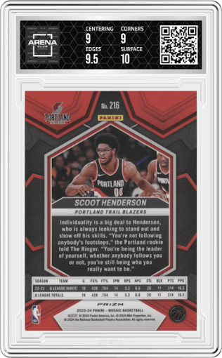 Scoot Henderson  from the 2023-24 Panini Mosaic set featuring a Silver parallel graded by Arena Club and given an overall grade of 9.5.